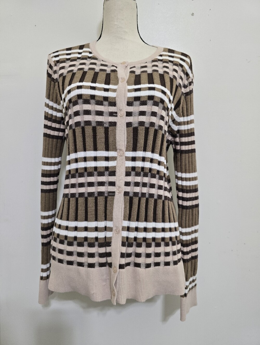 LOFT size Large Striped Ribbed Knit Button Down Cardigan Sweater Brown